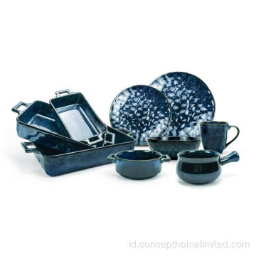 Makan malam stoneware berlapis kaca reaktif diatur dengan warna biru tua